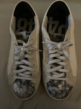 P448 Women’s White Leather Low-Top Sneakers with Gray Metallic Toe